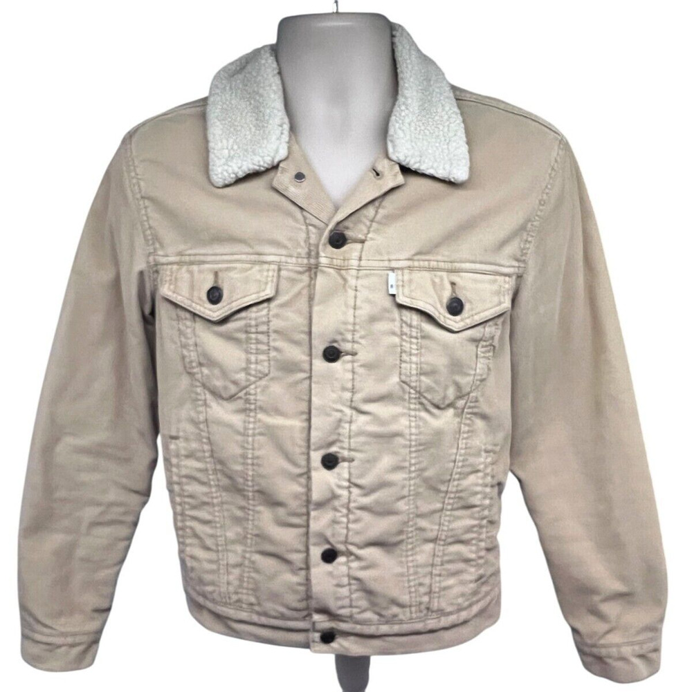 Levis Tan Corduroy Snap Front Trucker Jacket Medium Sherpa Lined Flap Pockets